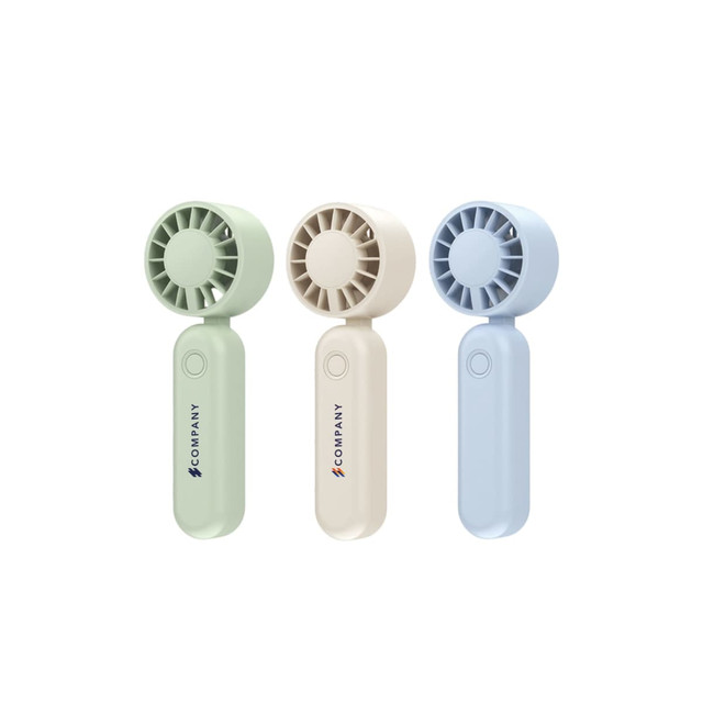 A foldable handheld fan available in green, cream, and blue, featuring a logo on the handle.