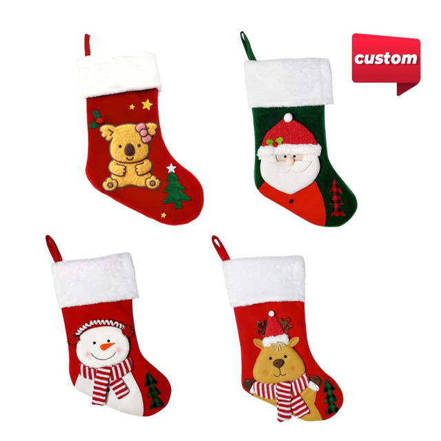 Four colourful Christmas stockings in red and green, featuring a koala, Santa, a snowman, and a reindeer design.