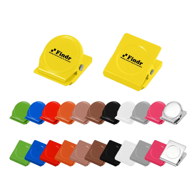 A variety of metal magnetic clips in multiple colours, including yellow, red, blue, and black, with a logo.
