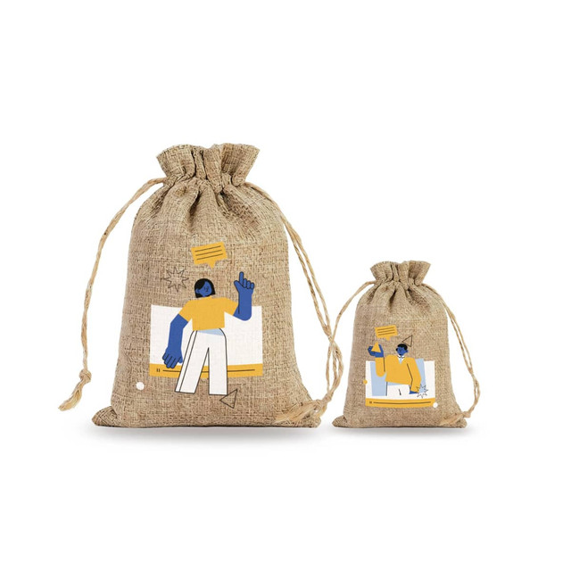 Linen drawstring gift bags in natural beige, featuring illustrations and a logo, available in two sizes.