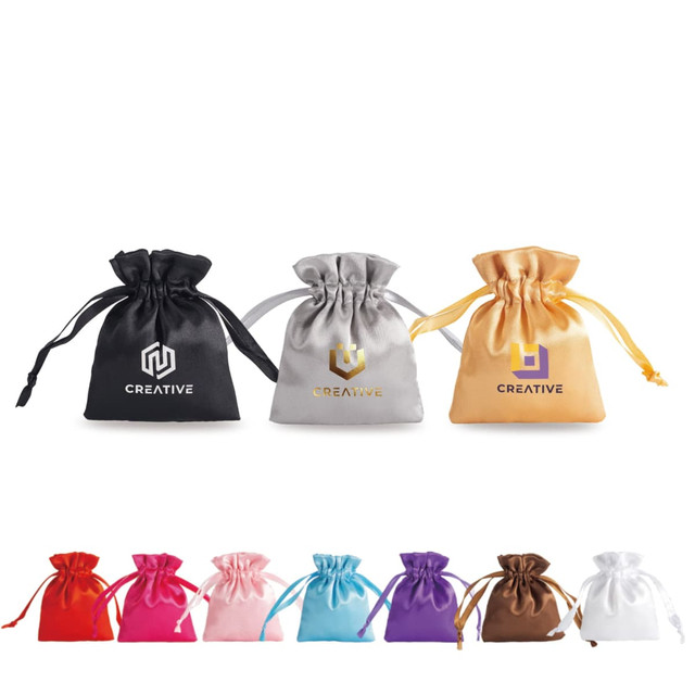 Silk satin drawstring bags in black, silver, gold, pink, purple, red, white, and brown, featuring logos.