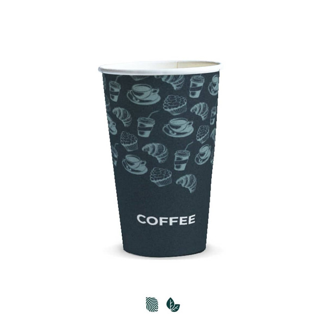 A compostable paper cup in dark blue, featuring a design of coffee cups and pastries, with a logo on it.