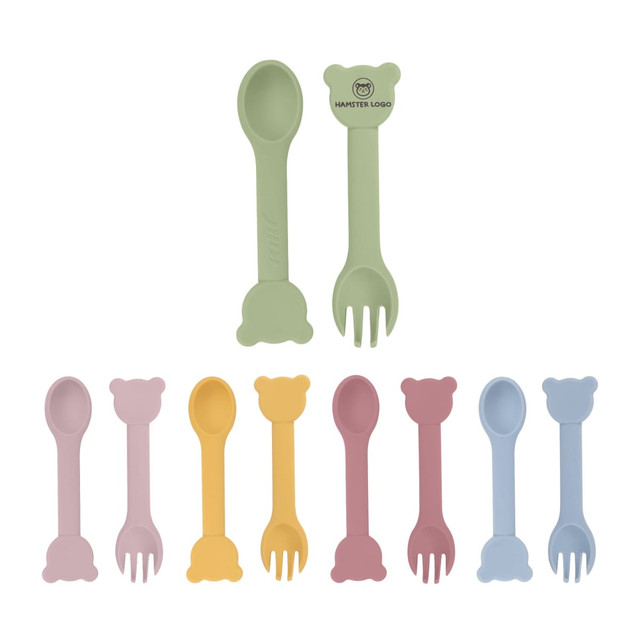 A collection of bear-shaped silicone kids' cutlery in pastel colours, including green, yellow, pink, and blue, with a logo.