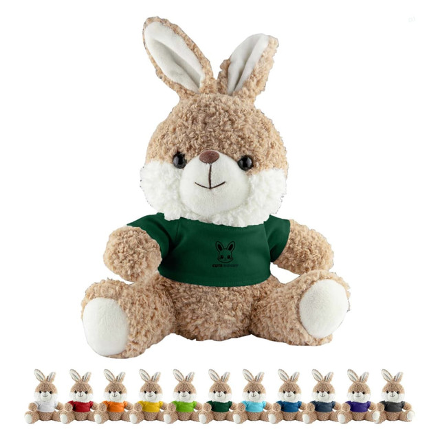A fluffy brown rabbit plush toy with a green shirt, sitting among various smaller bunny plush toys in different bright colours.