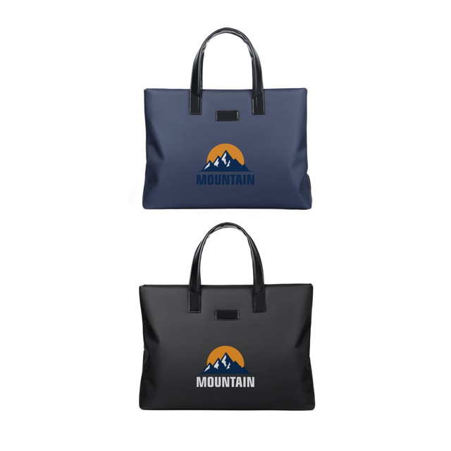 A nylon briefcase in navy blue and black, featuring a logo with a mountain design and sturdy handles.