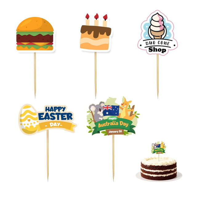 A collection of decorative food picks featuring a hamburger, cake, ice cream, Easter, Australia Day designs, and a round cake.