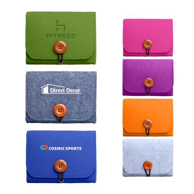 A collection of felt essential oil bags in green, purple, orange, blue, and grey, featuring wooden button closures.