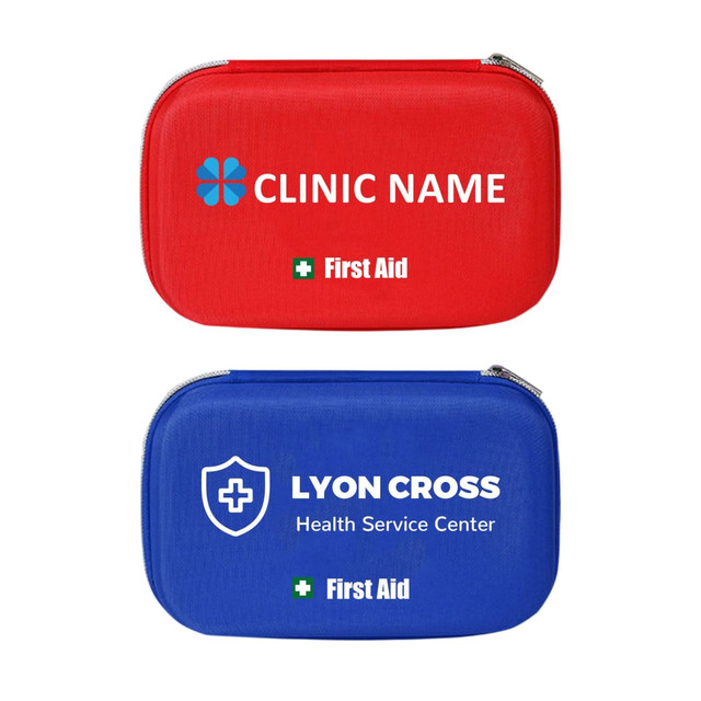 A red and a blue hard shell first aid kit case, each with a logo and white first aid text.