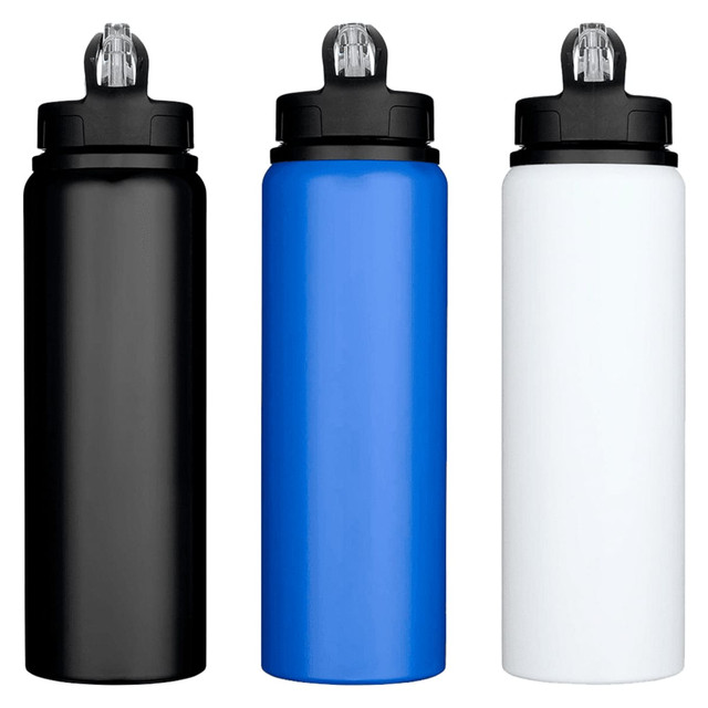 A drink bottle set featuring three colours: black, blue, and white, with a top spout and a logo.