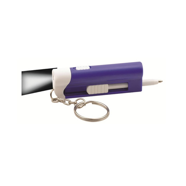 A purple ball pen with an LED light and keyring attachment. It features a white section and a pen barrel.