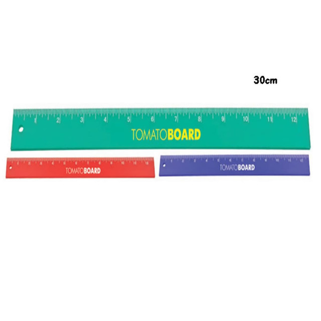 Three rulers in green, red, and purple, with a 30cm ruler prominently displayed. Each has a logo.