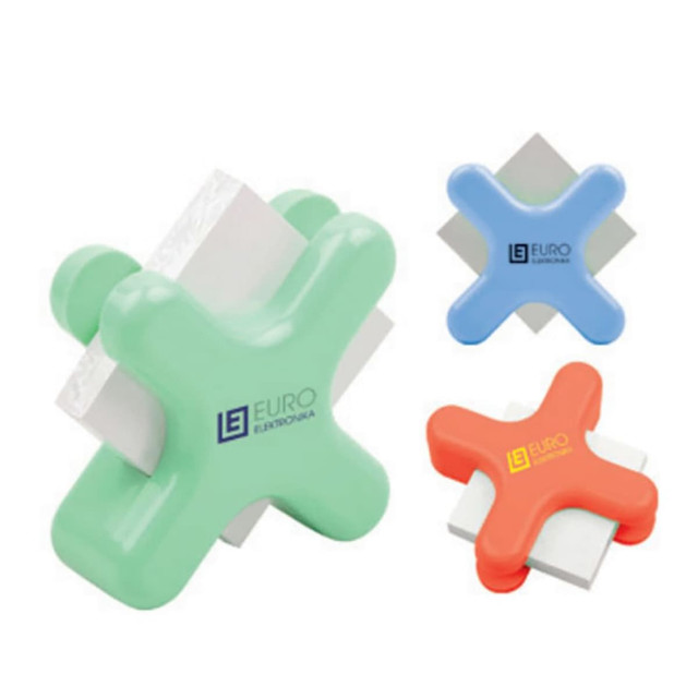 A pastel green, orange, and blue memo holder with space for sticky notes and logos on each item.