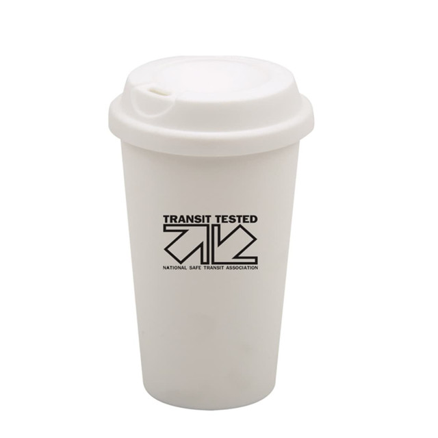 A white cup with a lid featuring a logo on the front. Ideal for various beverages.