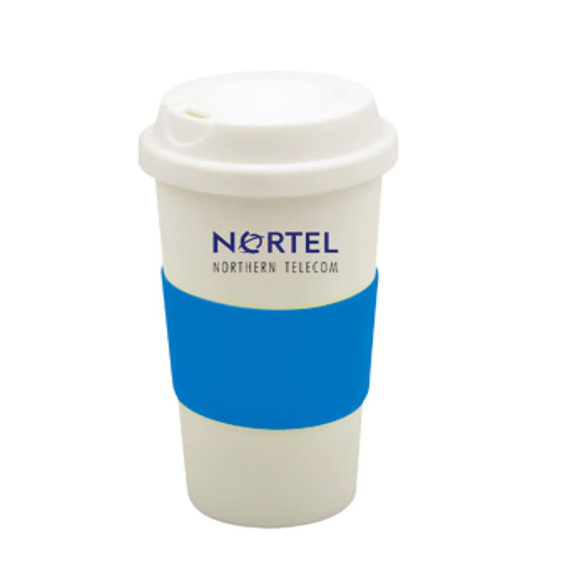 A white coffee cup with a blue silicone sleeve and a logo on the front. It features a secure lid.
