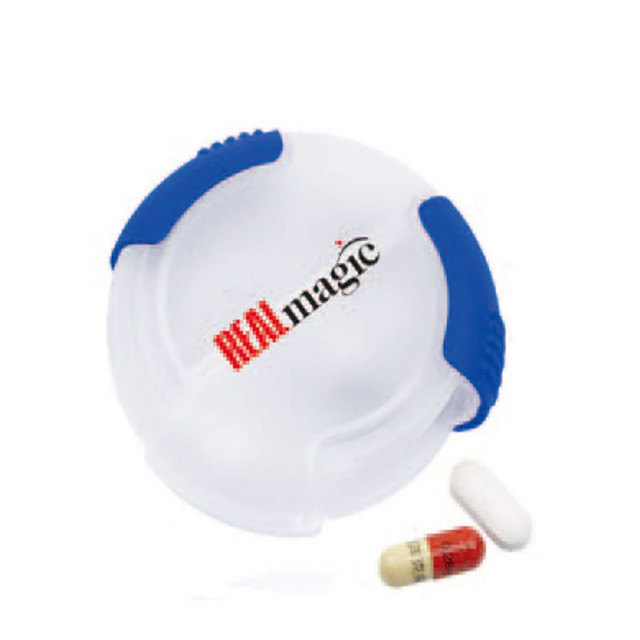 A translucent pill box with blue grips, containing two capsules, one red and white, one white.