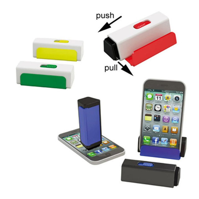 A mobile stand in white, green, and yellow with a screen cleaner, featuring various angles and a phone displayed.
