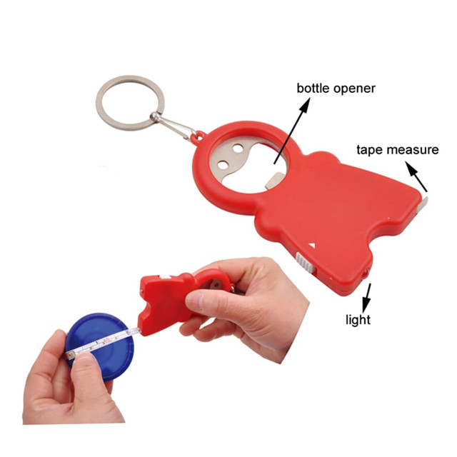 A red bottle opener featuring a built-in tape measure and light, attached to a metal keyring.