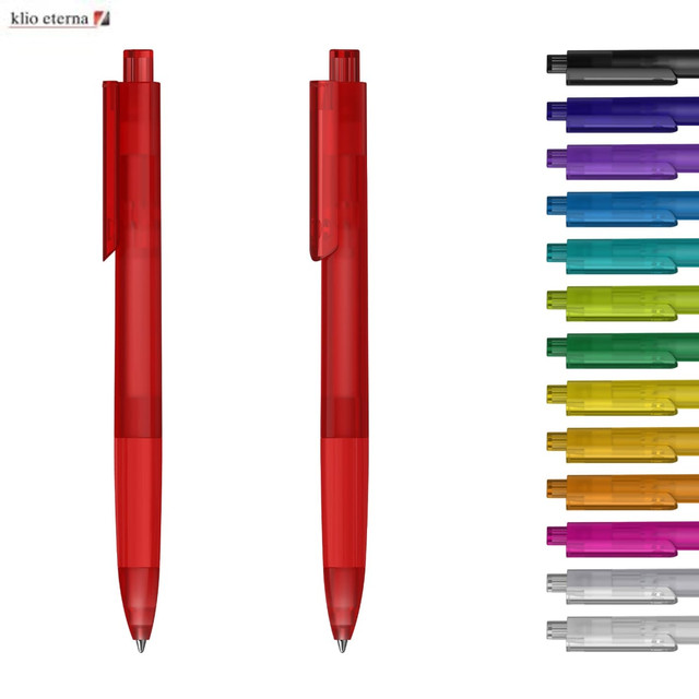 Two transparent red plastic pens are displayed, alongside a variety of other coloured pens in a range of hues.