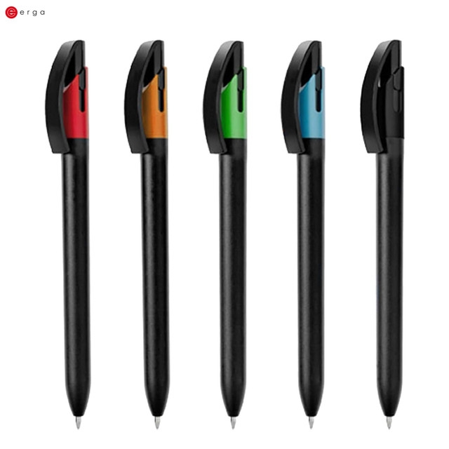 A set of plastic pens in black with coloured grips in red, orange, green, and blue. Each pen has a logo.