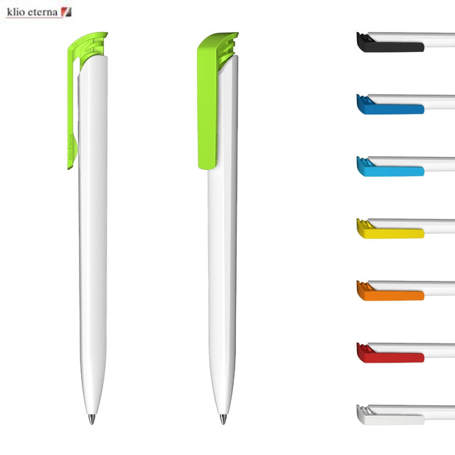 A set of plastic pens featuring a white body with colourful clips, including green, blue, orange, and red.