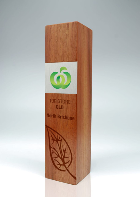 A wooden trophy in shades of brown, featuring a silver panel with a logo and engraved text.