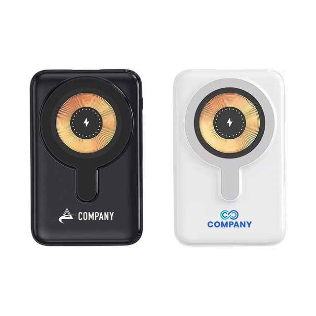 A black and a white 10000mAh magnetic wireless power bank with circular charging indicators and logos.