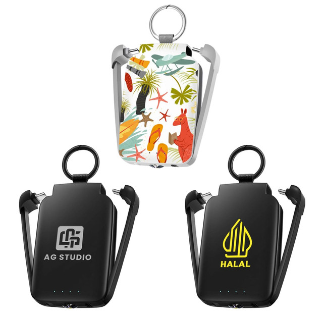 A mini power bank with flashlight, featuring a colourful design and two black versions with logos.
