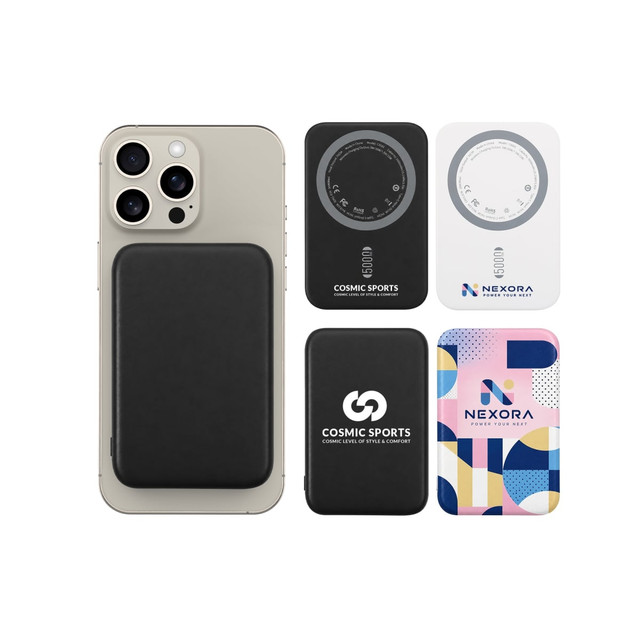 A black 5000mAh magnetic wireless power bank displayed next to four colourful variations with logos on them.