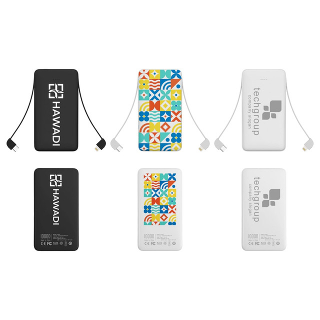 A collection of three slim power banks in black, white, and colourful designs, each with a charging cable. Each has a logo.