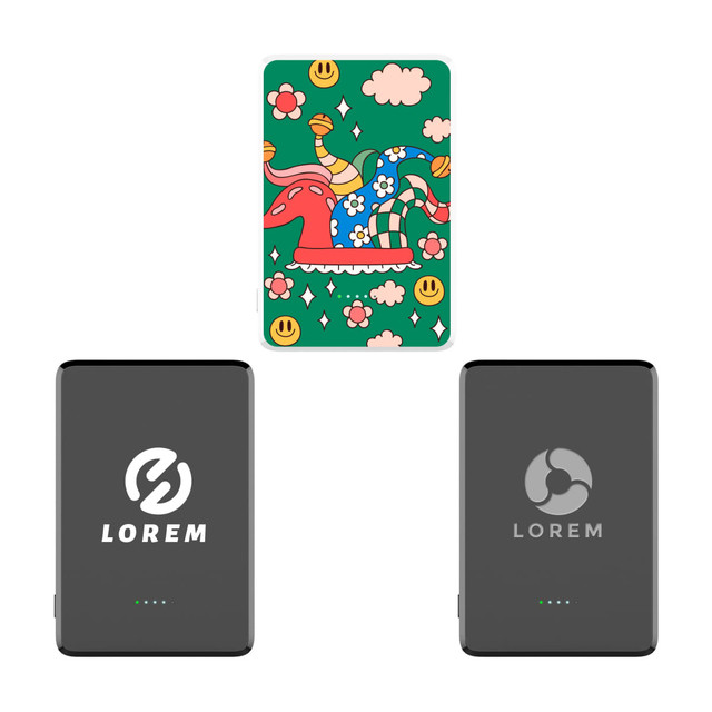 A colourful 5000mAh magnetic wireless power bank features a whimsical design, accompanied by two sleek black power banks.