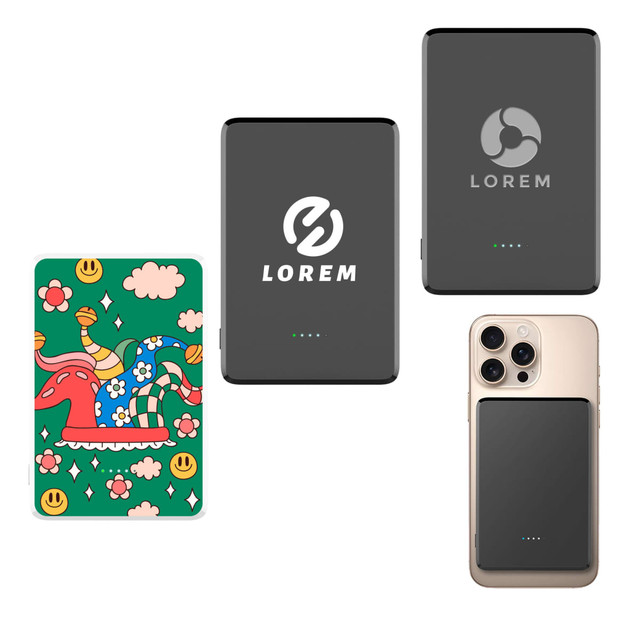 A collection of power banks: one in black with a logo, one with a colourful design, and a phone with a magnetic power bank.