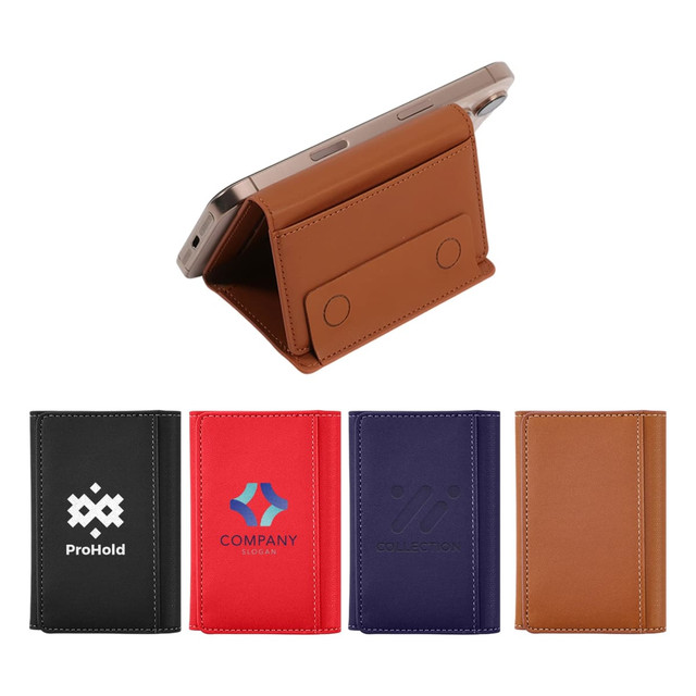 A PU magnetic wallet in brown with three additional wallets in black, red, and purple. All feature logos.