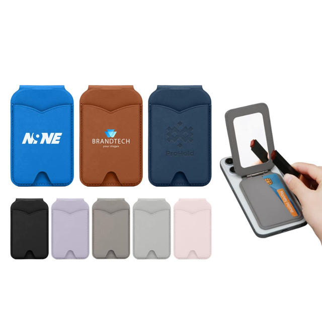 A set of PU magnetic card holders in various colours, including brown, navy, and grey, with a mirror feature.