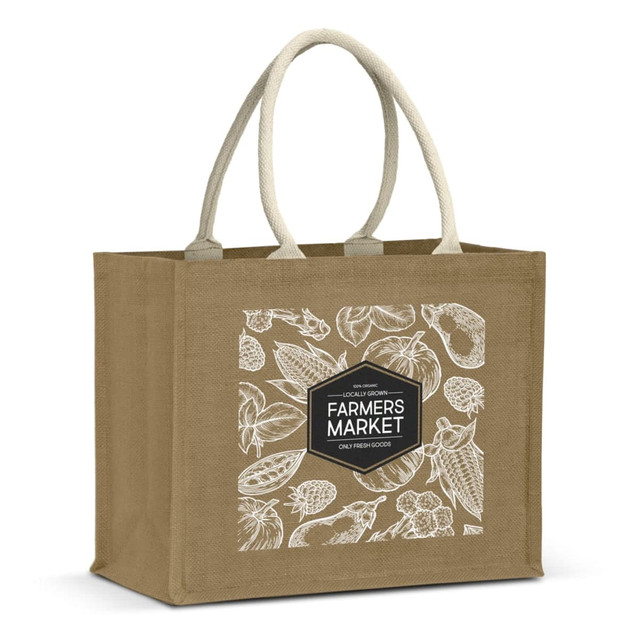 A brown jute tote bag with white illustrations of produce and a logo on the front. Features sturdy handles.