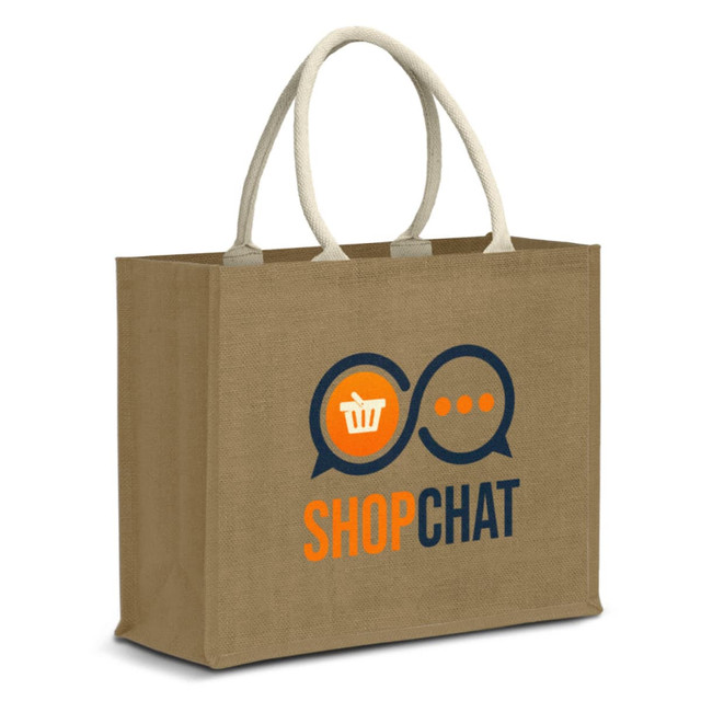 A jute tote bag in a natural brown colour with cream handles and a logo on the front.