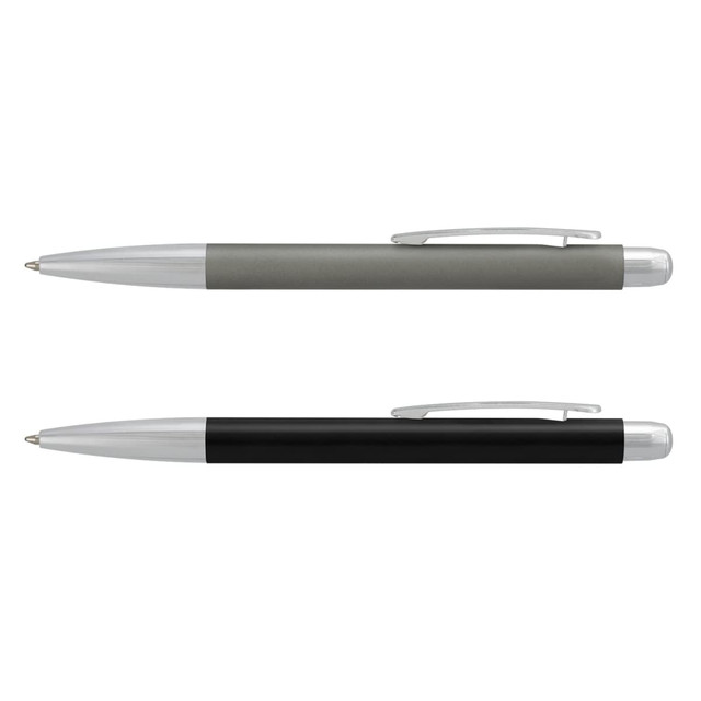 A set of two metal pens in grey and black, each featuring a silver clip and accents.