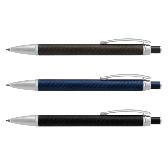 Three metal pens featuring a textured grip in black, blue, and silver, with silver accents and clip.