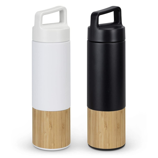 A drink bottle pair featuring a sleek white and black design with a bamboo lower section and a convenient handle.