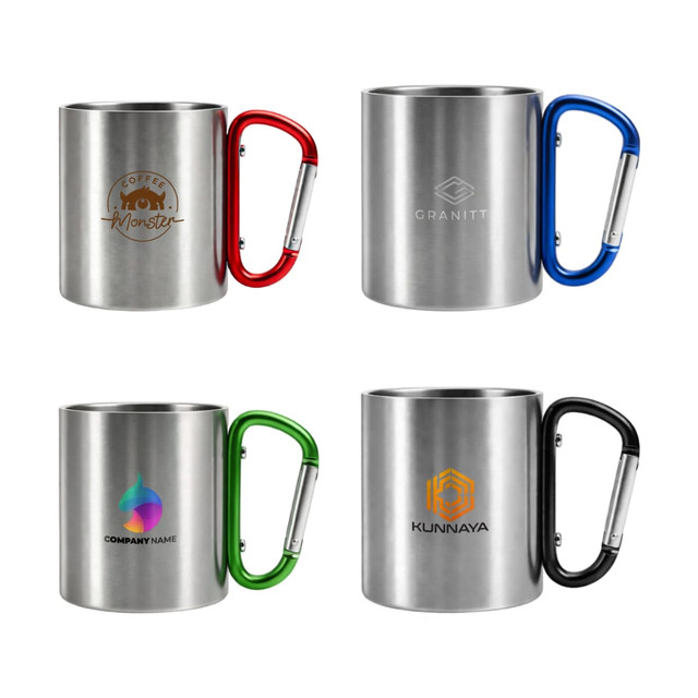 A drink bottle featuring four stainless steel insulated mugs, each with a different coloured carabiner handle: red, blue, green, and black.