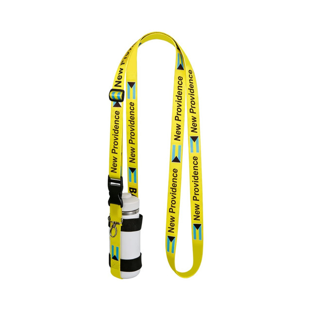 A drink bottle holder strap sling in bright yellow with black branding, designed for carrying bottles.