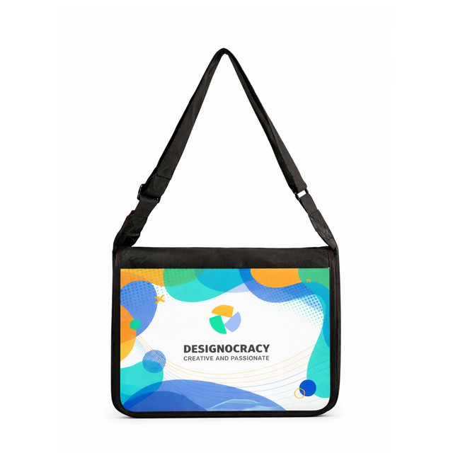 A full colour messenger bag featuring a vibrant design with blue, green, and orange abstract shapes. It has a shoulder strap and logo.