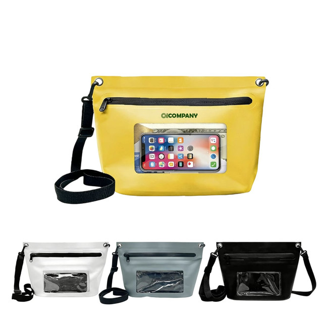 A yellow PVC crossbody phone bag with a clear front pocket, alongside white, silver, and black variations.