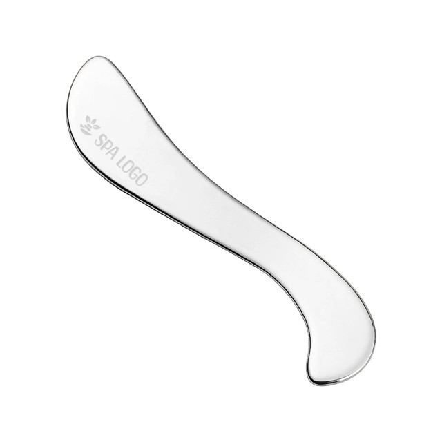 A clear, curved facial Gua Sha massage tool with a smooth surface, featuring a logo.