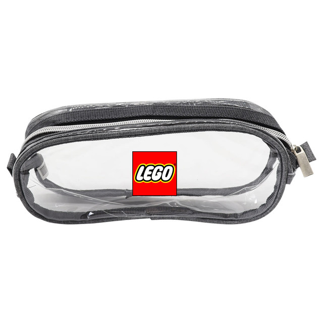 A clear travel case with a grey zipper, featuring a logo. Ideal for toiletries and accessories.