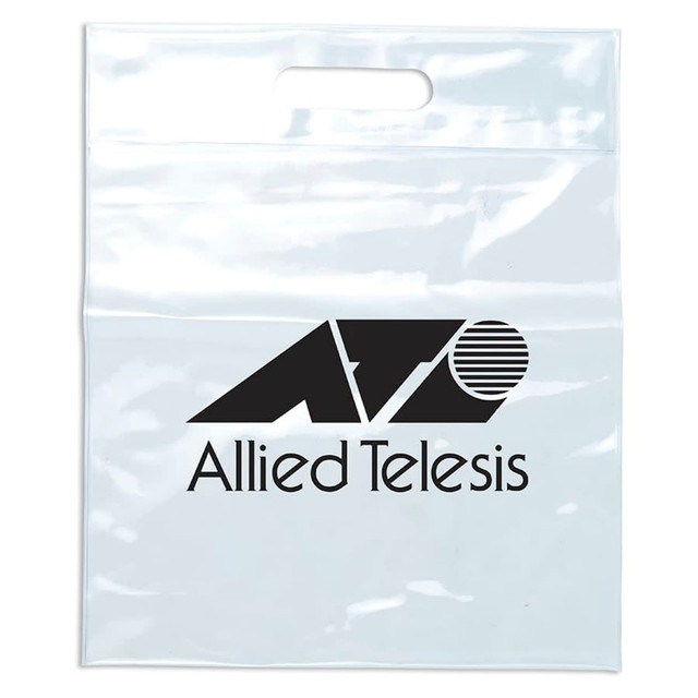 A clear tote bag with a black logo printed on the front and a handle for carrying.