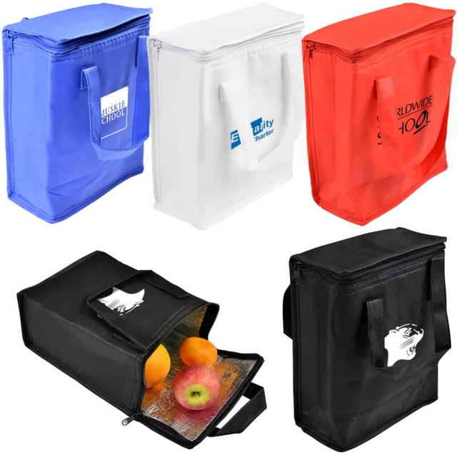 A variety of cooler bags in blue, white, red, and black, with different logos and fruits visible in the black bag.