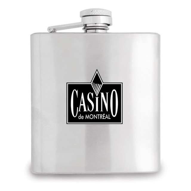 A stainless steel hip flask with a screw-top lid and a logo on the front. The flask holds 180mL.