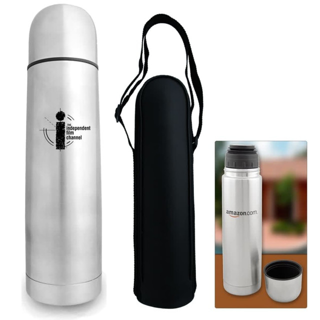 A drink bottle in silver with a black carry case, featuring a logo on the front.