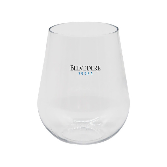 A stemless, shatterproof wine glass in clear plastic, featuring a logo.