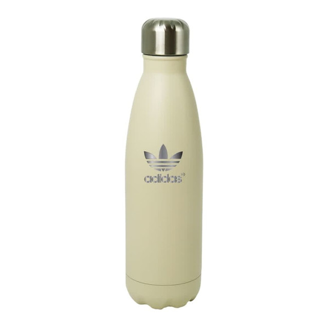 A drink bottle in cream with a metallic silver lid and a logo on the front.